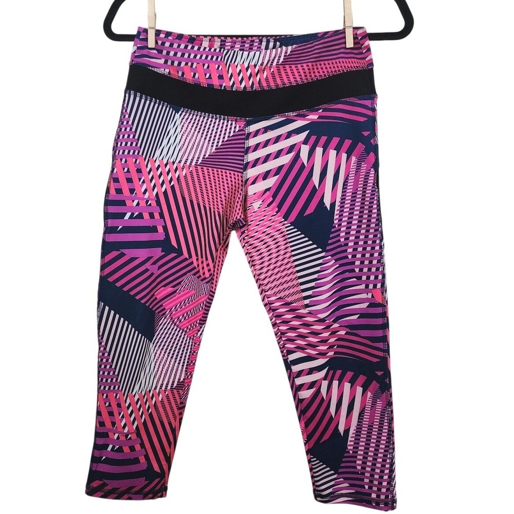 Lululemon Athletica Crop Leggings Pink Purple Geometric Stripe Mesh Panels SZ 8